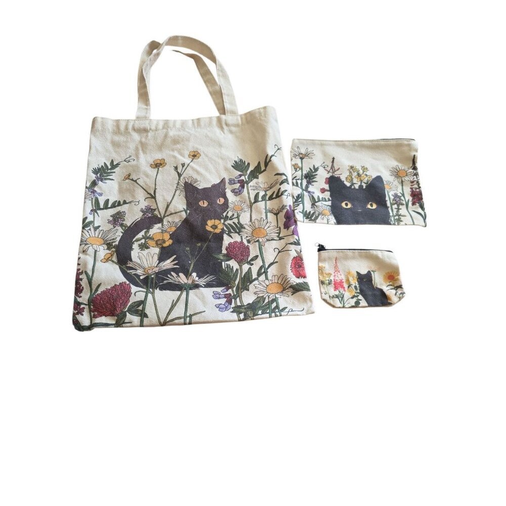 3 Pc Black Cat Canvas Tote Bag Makeup Coin Purse Set Gift Reusable
